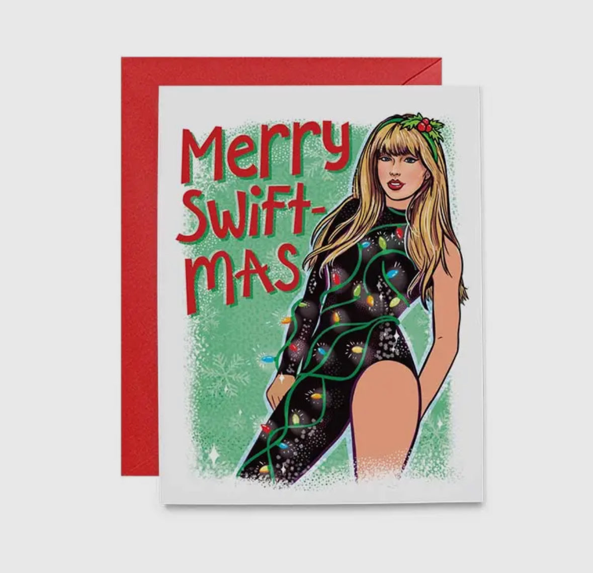 a christmas card with a drawing of a woman in a bodysuit