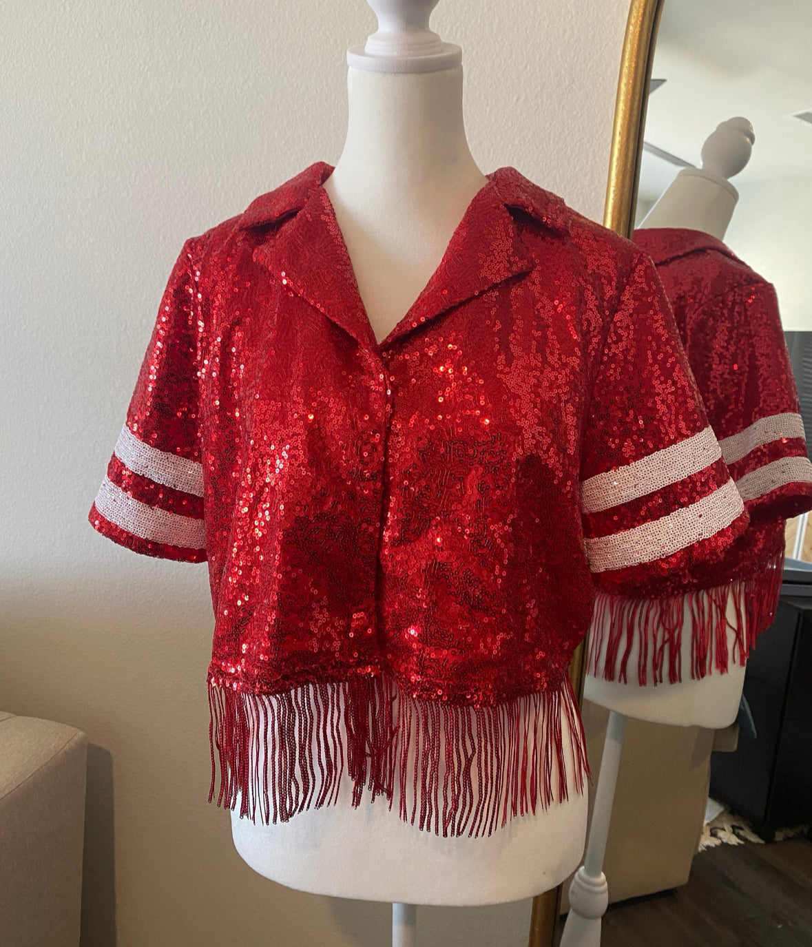 Fringed Sequin Game Day Varsity Crop Shirt (RED)