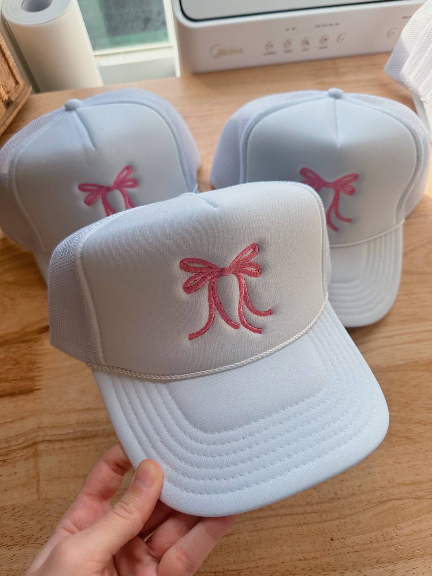 White Pink Bow Trucker Hat Embroidery - FINAL SALE