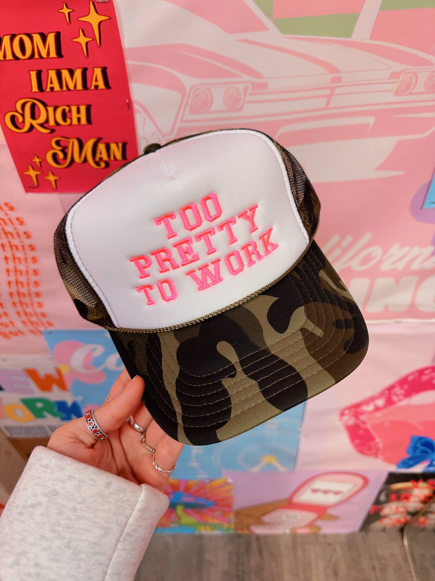 Too Pretty To Work Hat Pink Letters On Camo Trucker Hat