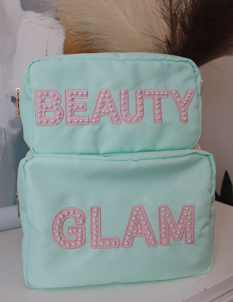 two bags with the words beauty glam on them