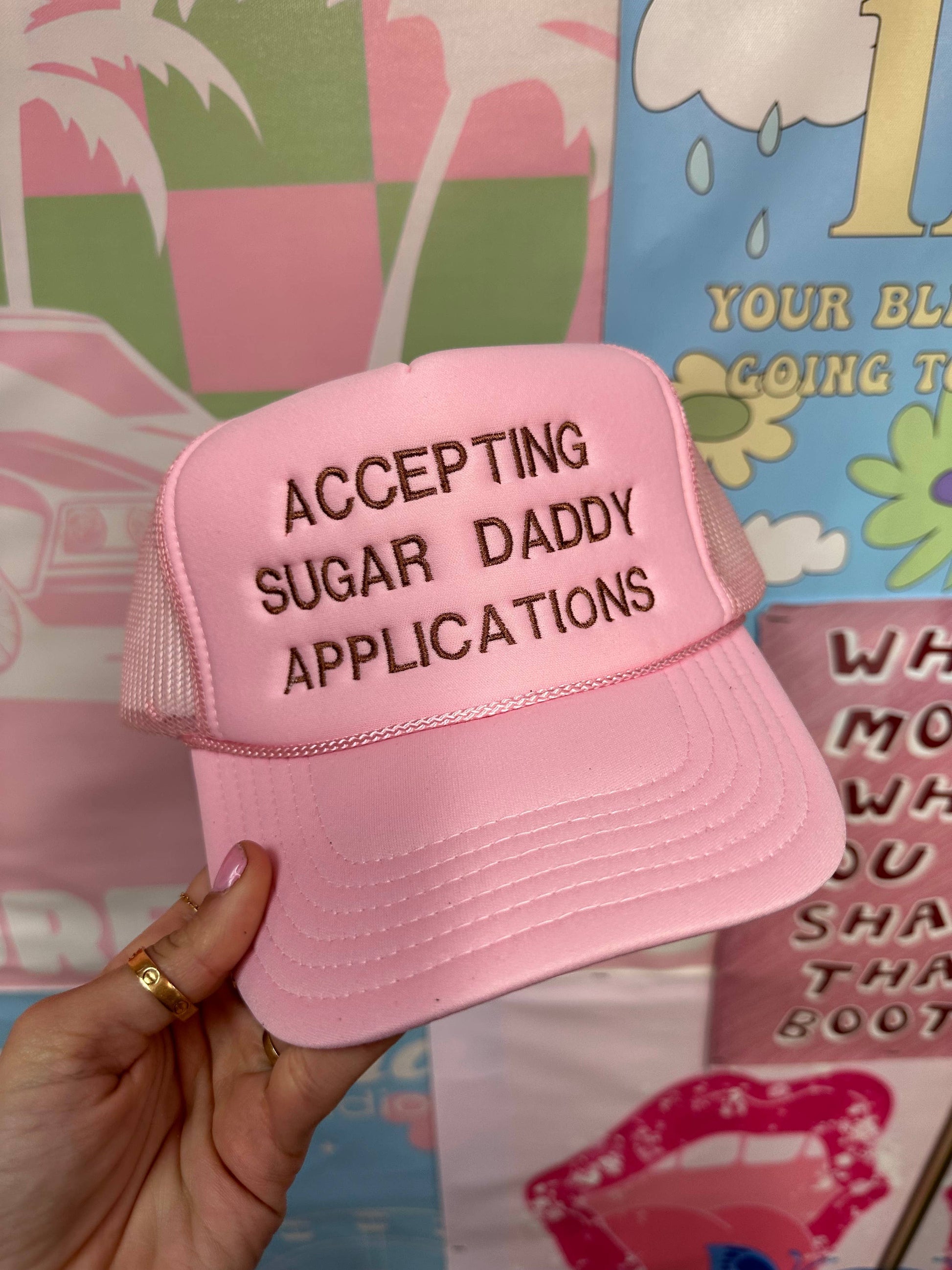a pink hat that says accepting sugar daddy applications
