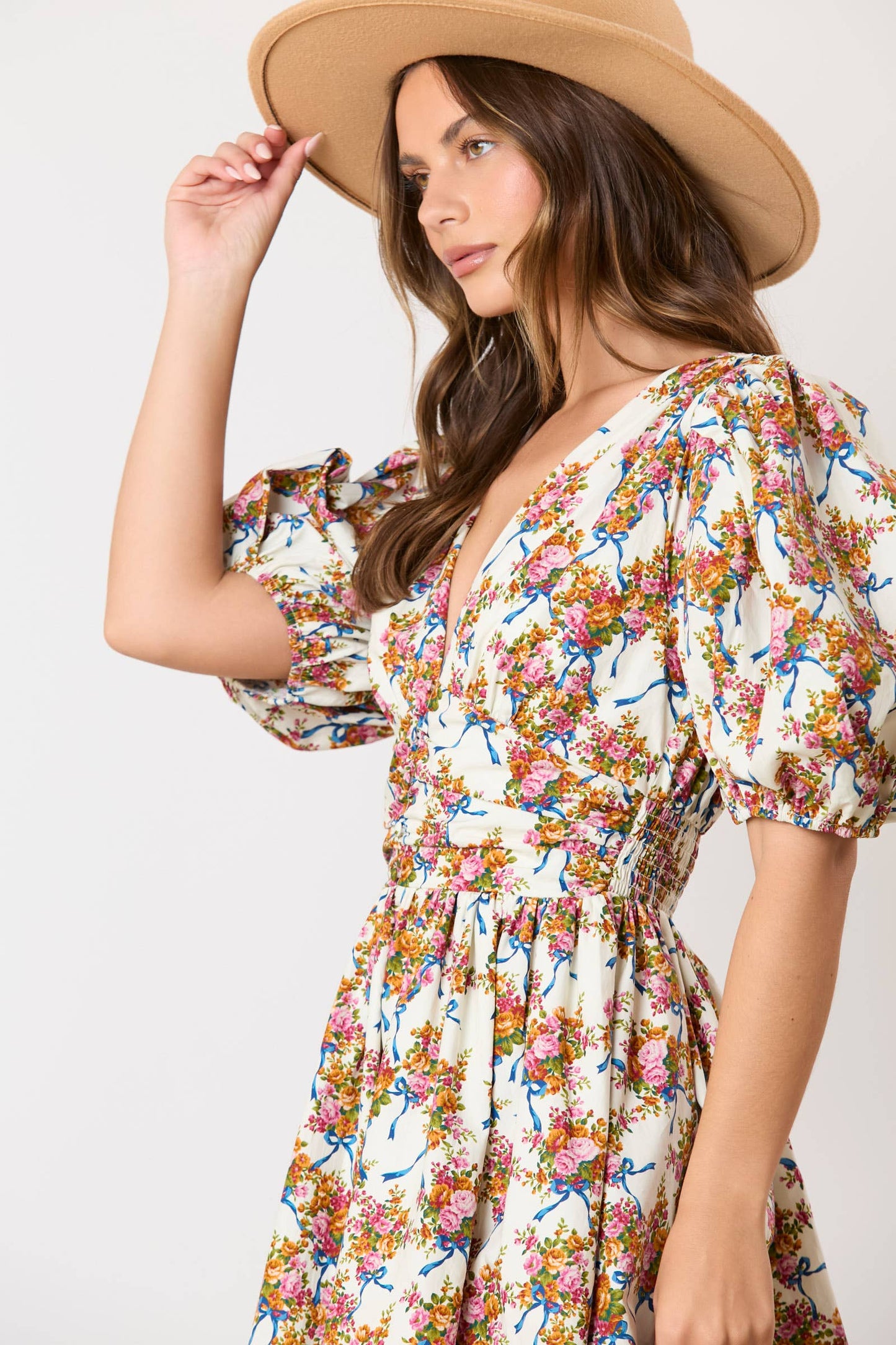 Floral & Bow Printed Puff Sleeve Dress