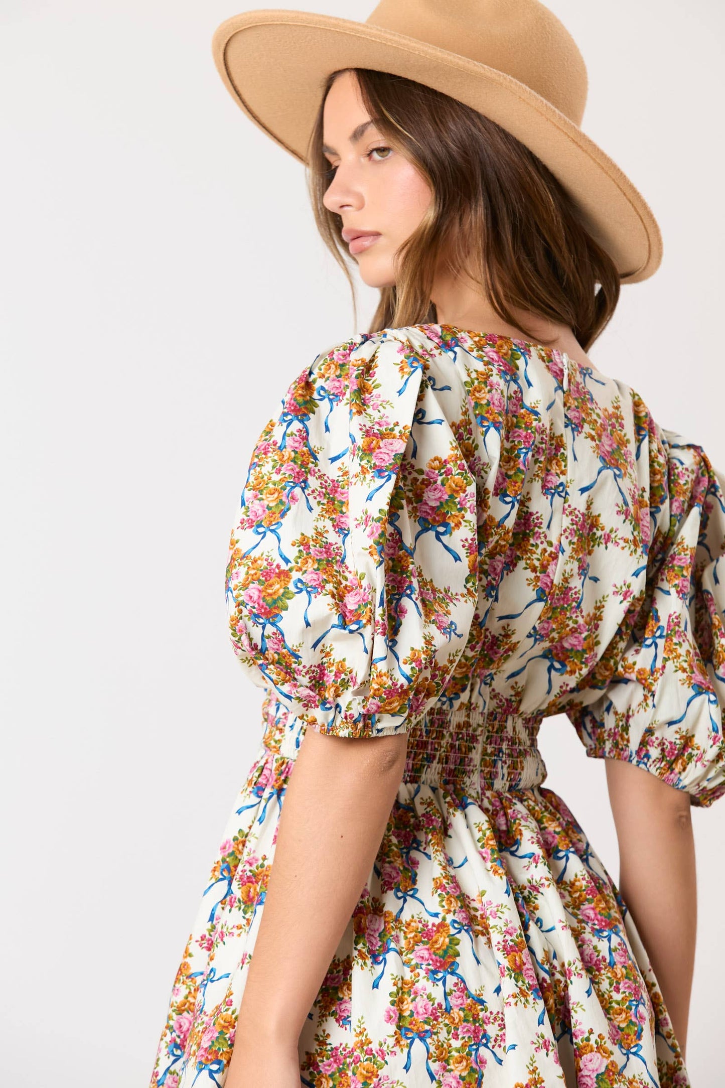 Floral & Bow Printed Puff Sleeve Dress