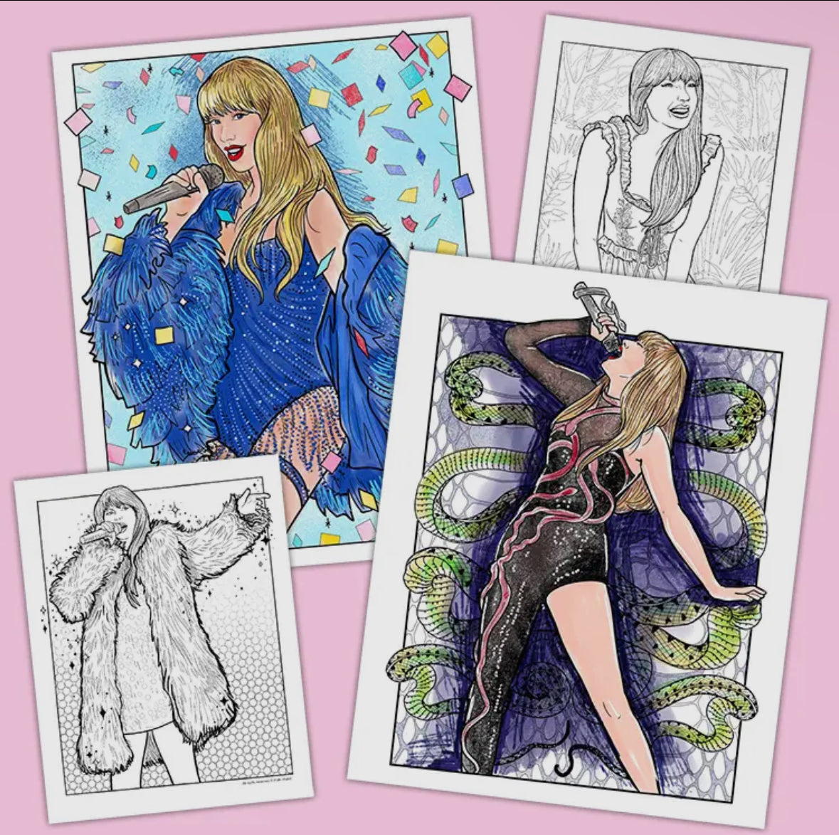 a group of four drawings of women in dresses