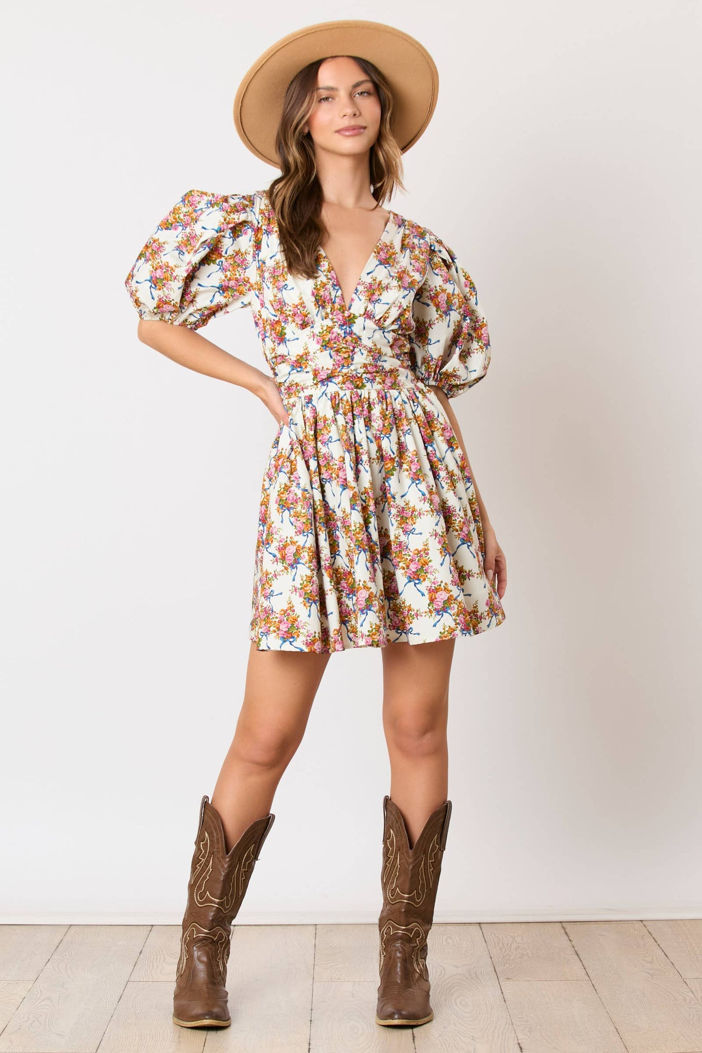 Floral & Bow Printed Puff Sleeve Dress