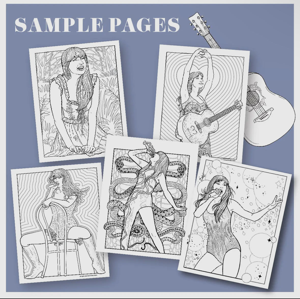 four coloring pages of a woman with a guitar