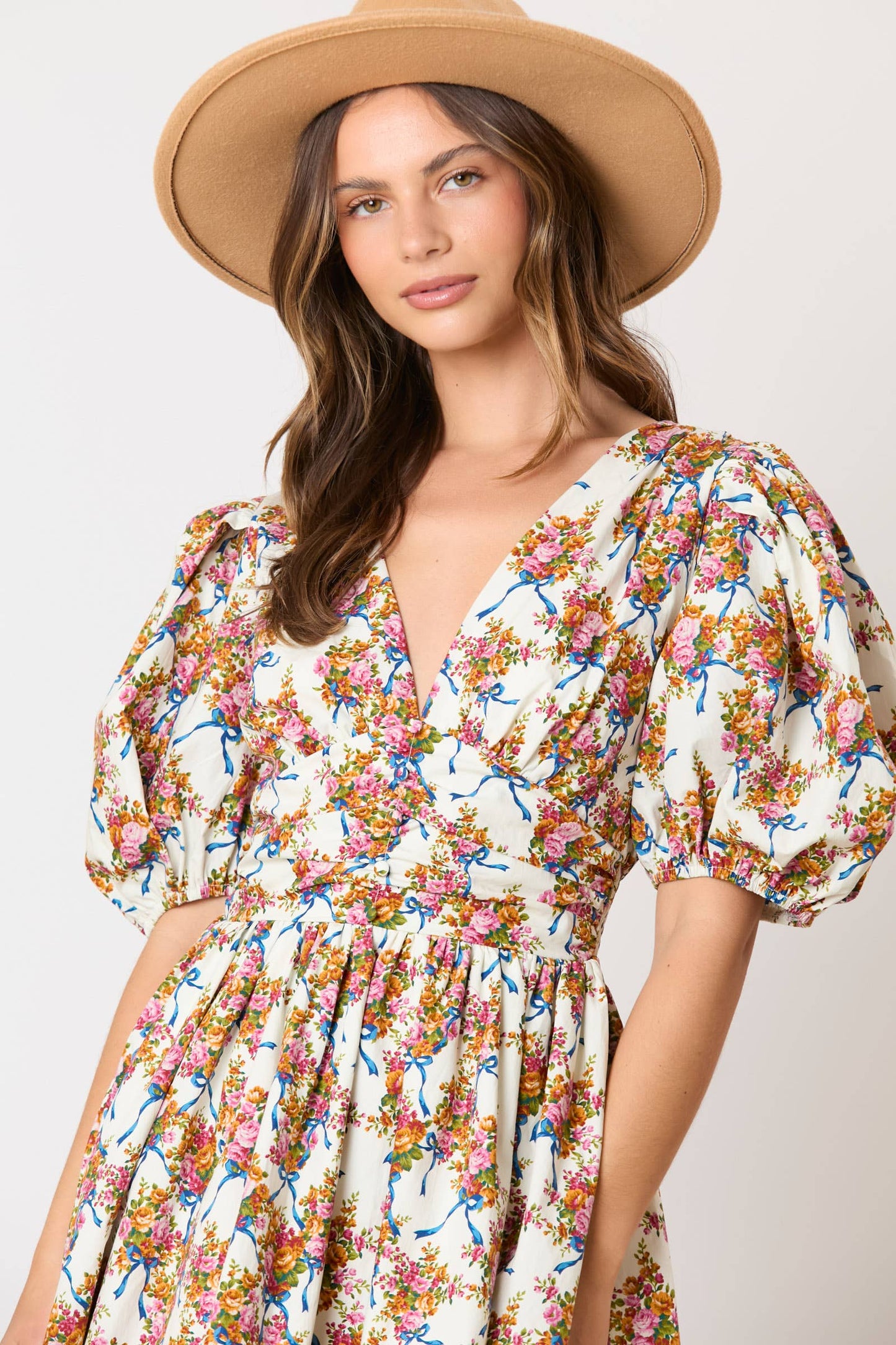 Floral & Bow Printed Puff Sleeve Dress