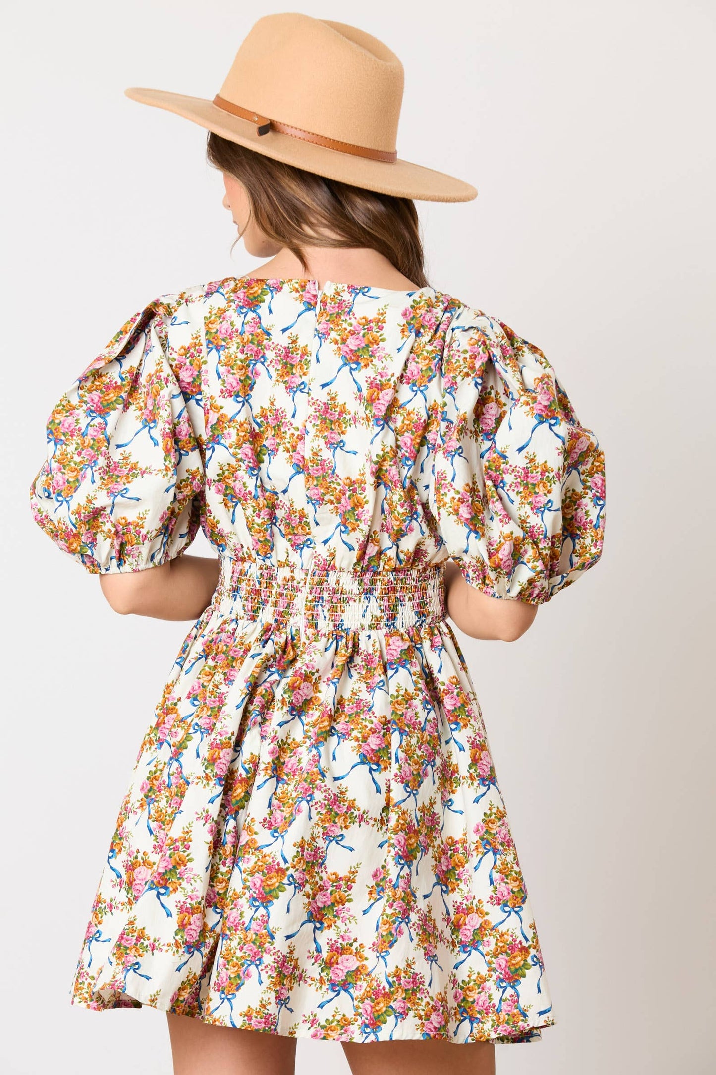 Floral & Bow Printed Puff Sleeve Dress