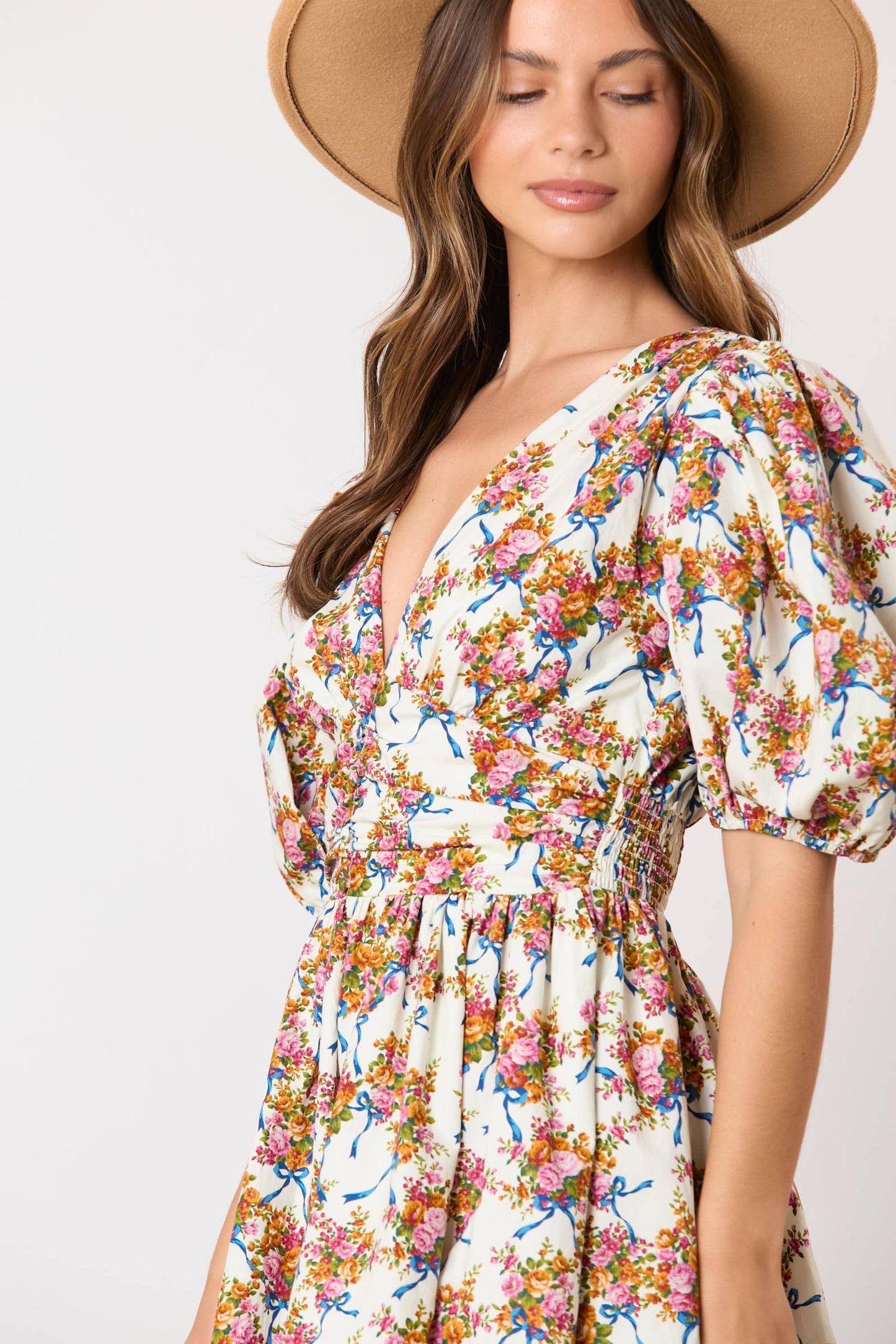 Floral & Bow Printed Puff Sleeve Dress