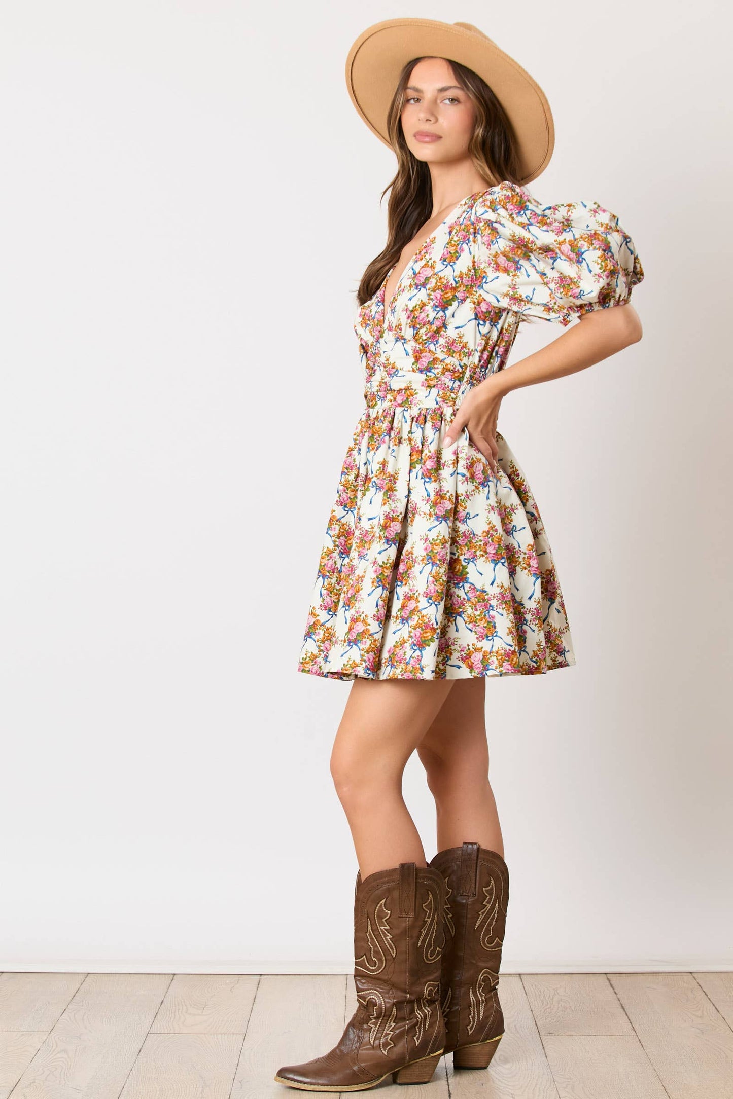 Floral & Bow Printed Puff Sleeve Dress