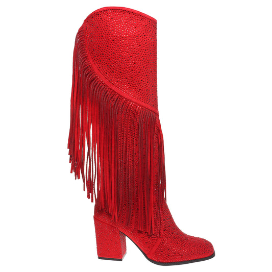 a pair of red boots with fringes on them